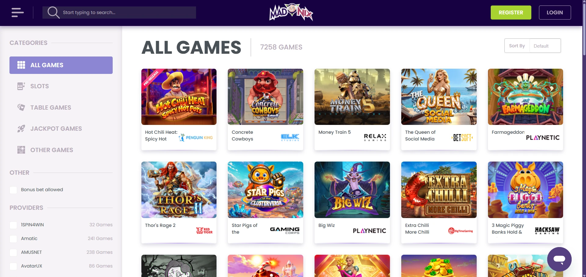 MadNix games lobby with game icons
