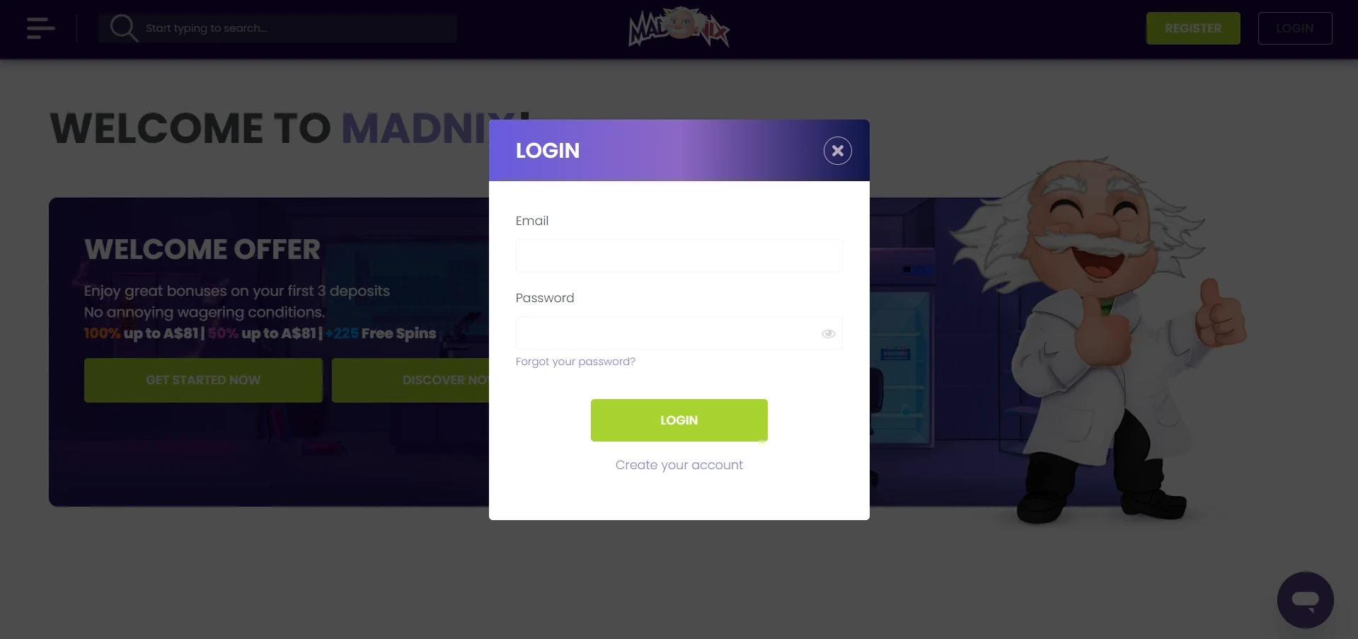 MadNix log-in form for returning players